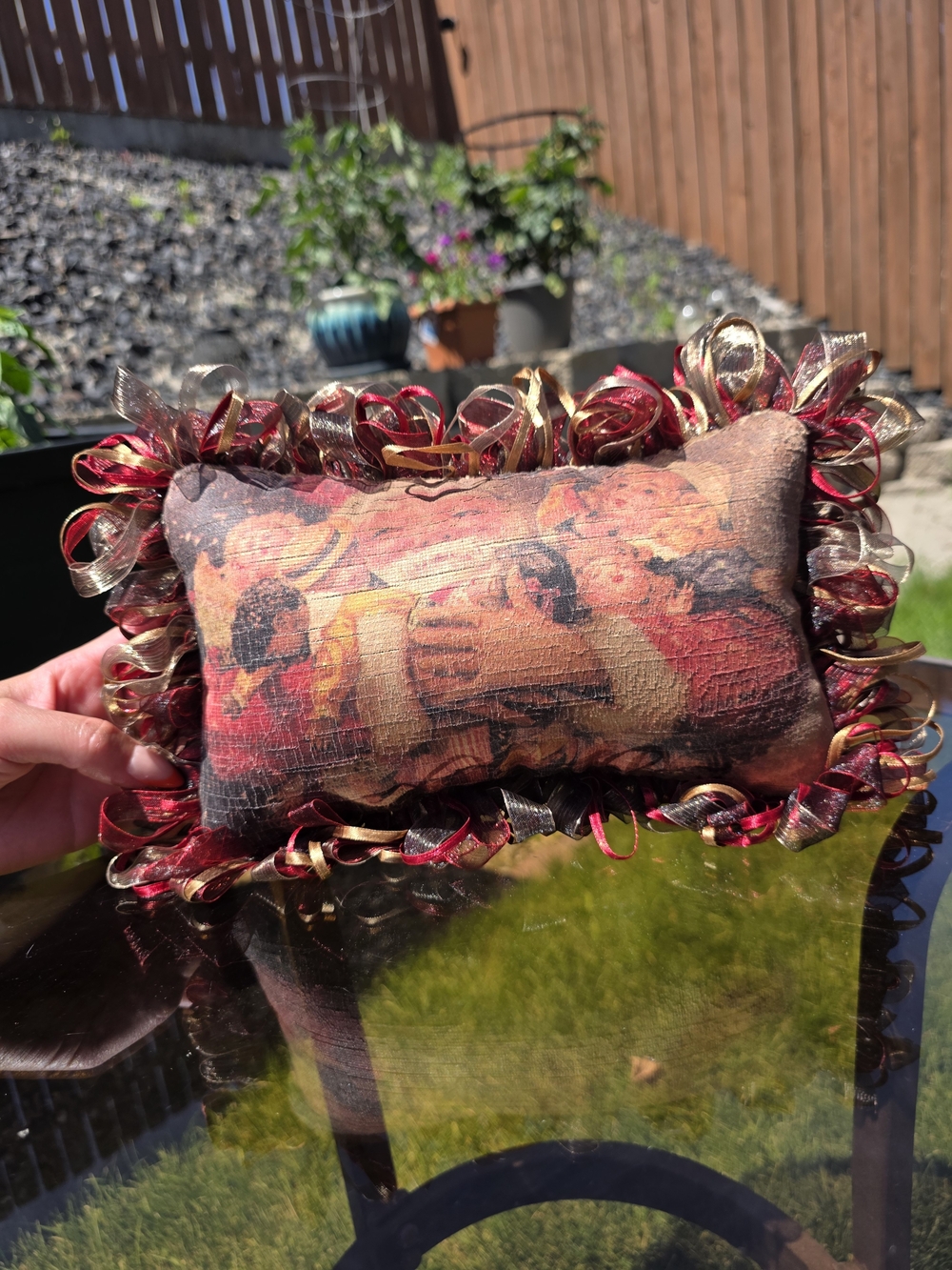 Pulvermacher Designs NYC Luxury Santa Christmas Pillow Ribbon Fringe Vintage